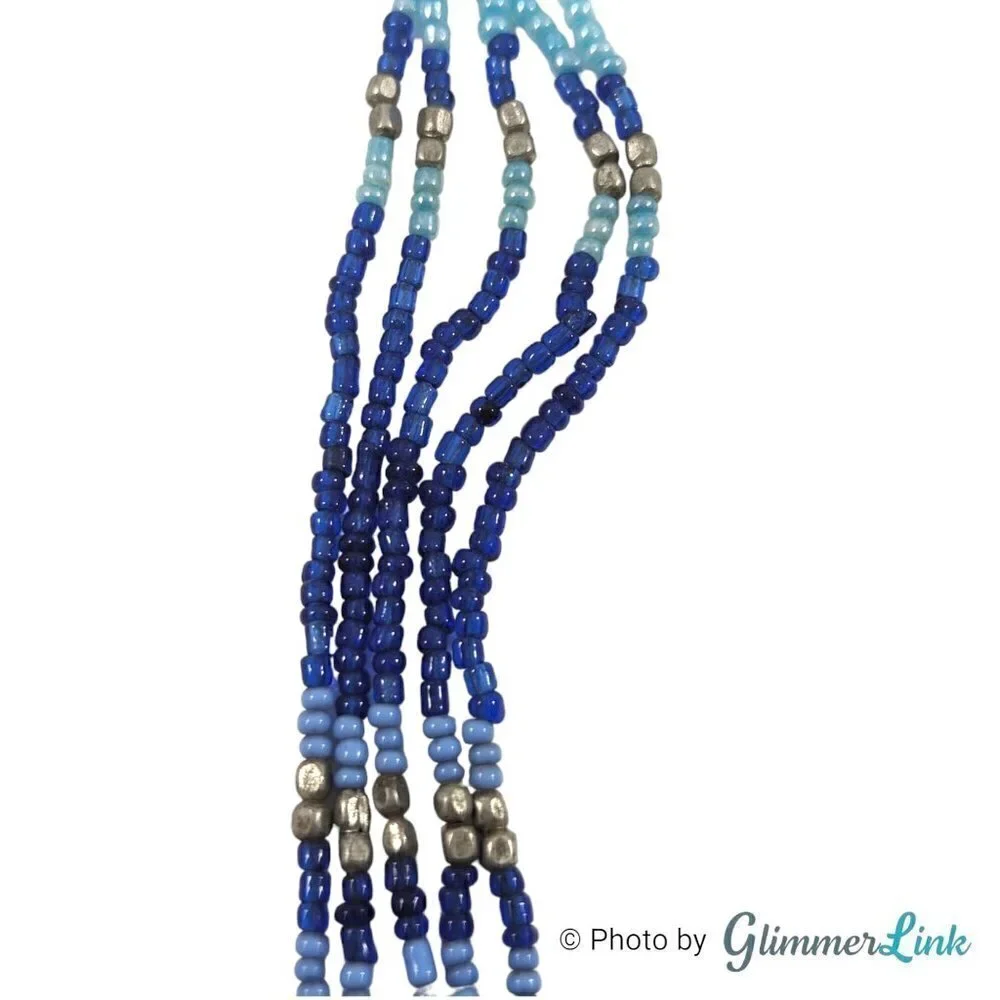 Boho Multi Strand Blue & Silver Tone Seed Bead Artsy Layered Necklace